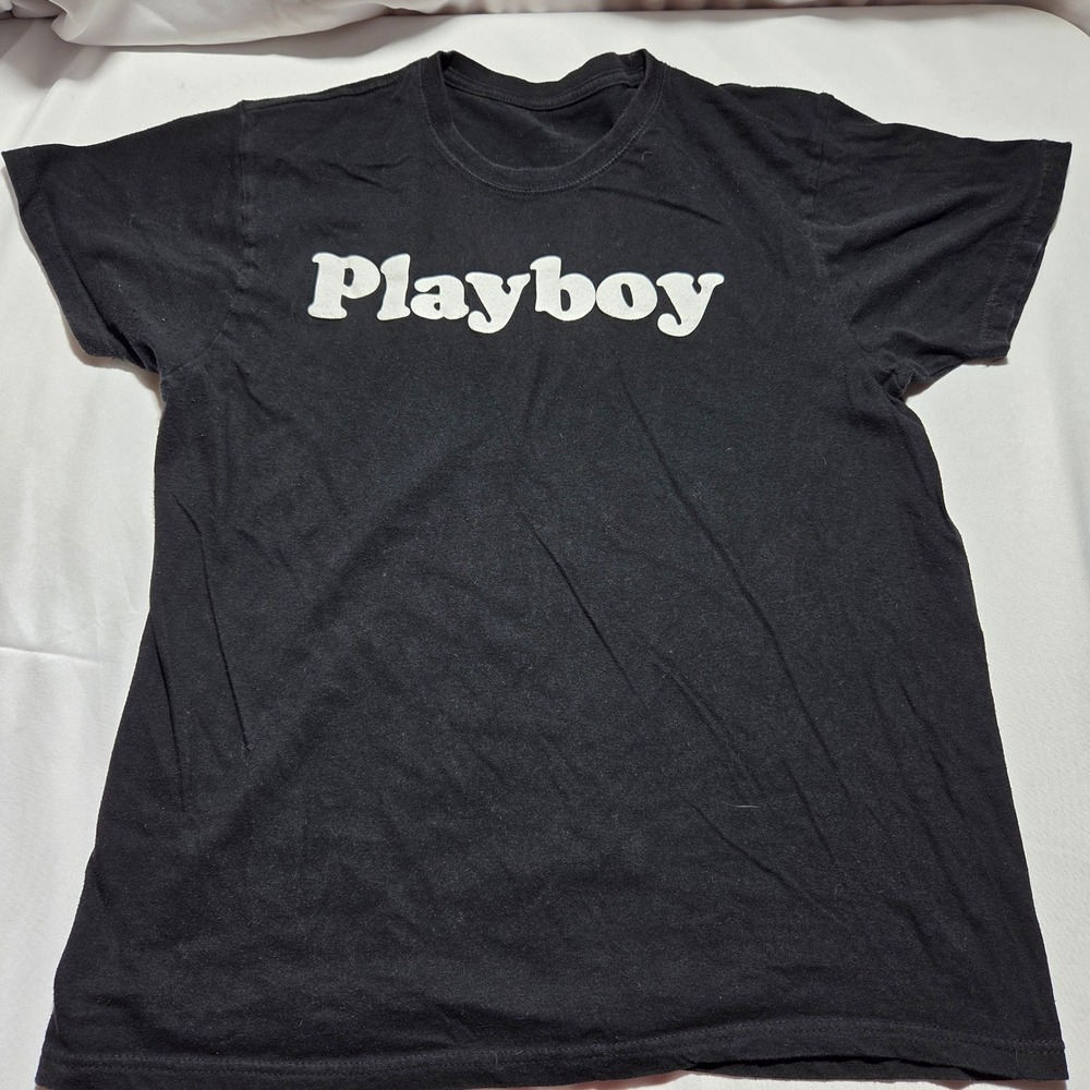 Playboy Mens Graphic T-Shirt Black White Logo Crew Neck Short Sleeve‎ Large